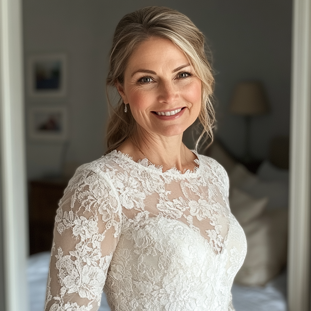 A smiling woman wearing a wedding dress | Source: Midjourney