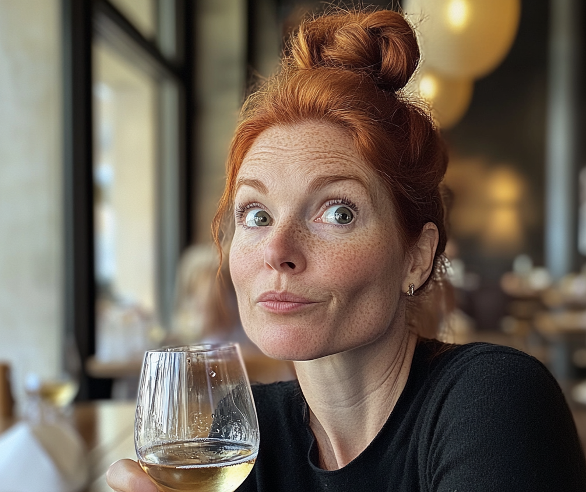 A surprised woman holding a glass of wine | Source: Midjourney