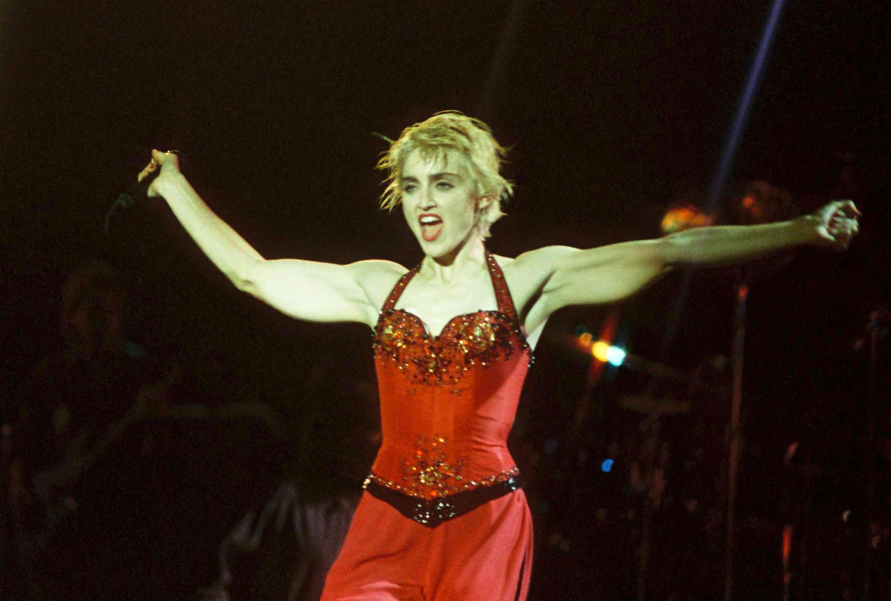 Madonna performs on stage on her 'Who's That Girl' tour at Wembley Stadium on August 18th, 1987 in London, England, United Kingdom. | Source: Getty Images