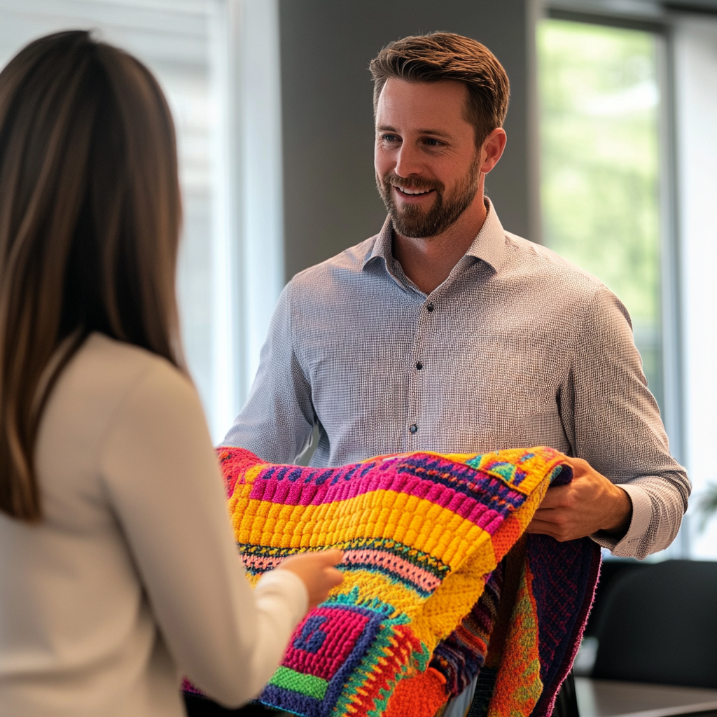 Man holding a baby blanket while talking to his coworker | Source: Midjourney