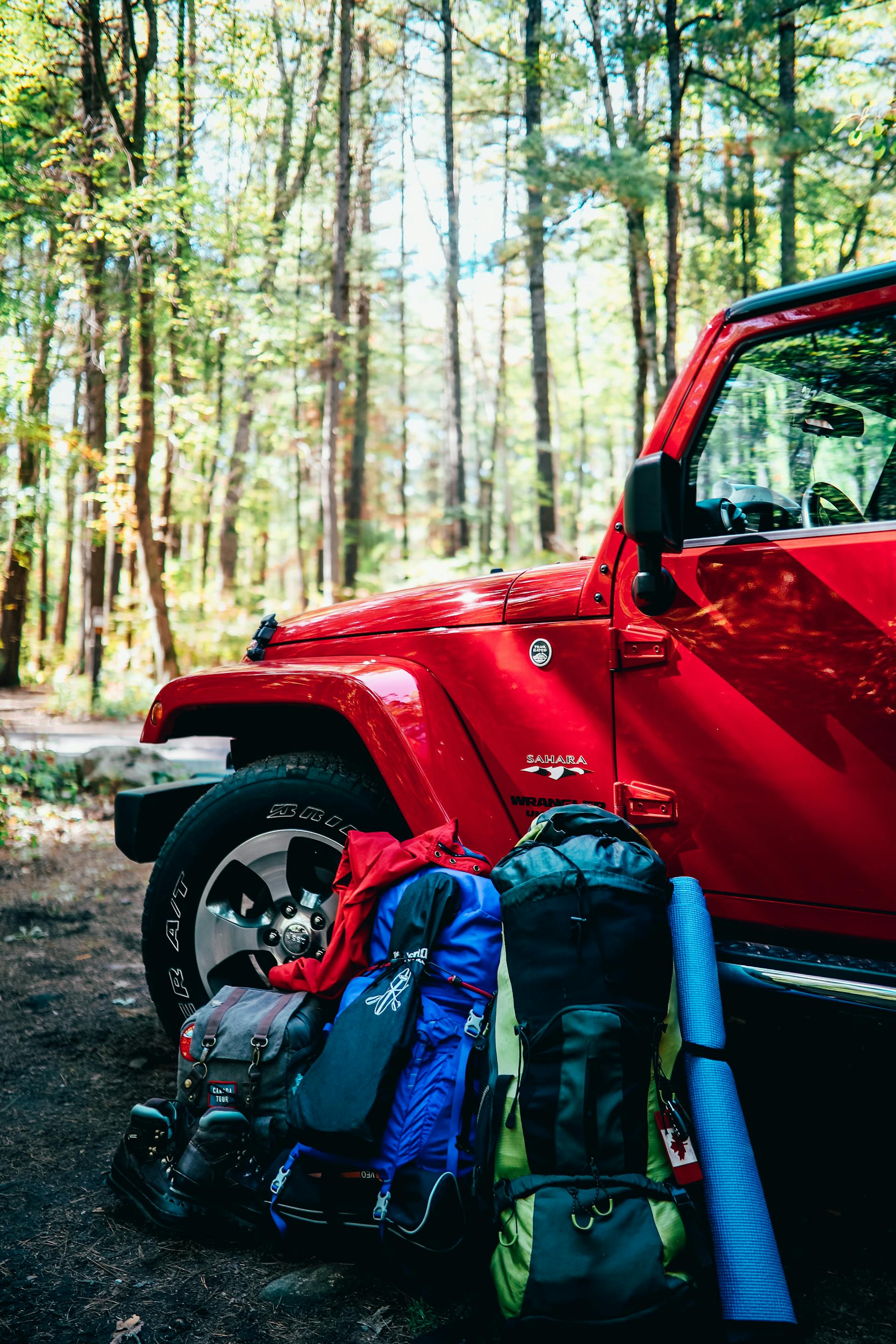 Mochilas y artículos de camping apoyados en un coche | Fuente: Pexels