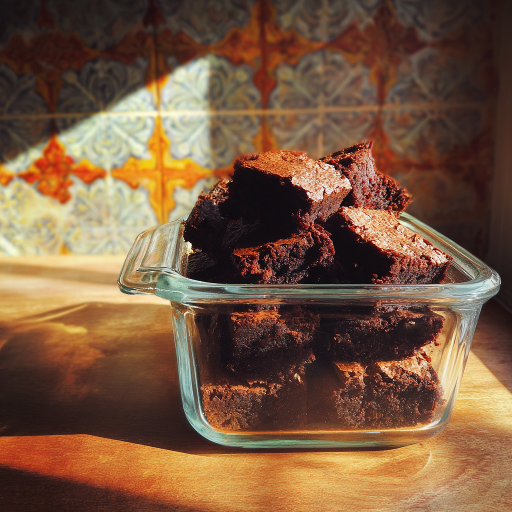 A container of leftover brownies | Source: Midjourney
