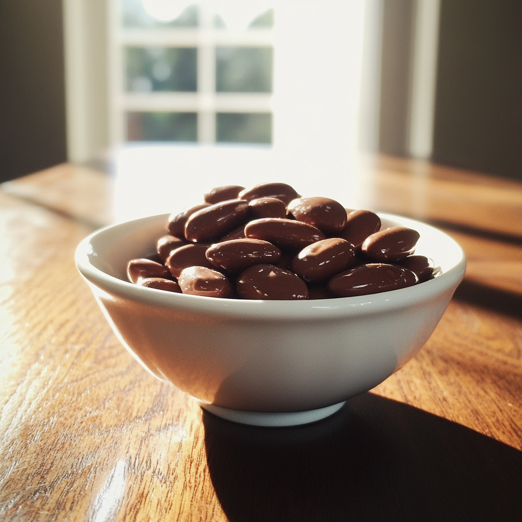 A bowl of chocolate covered almonds | Source: Midjourney