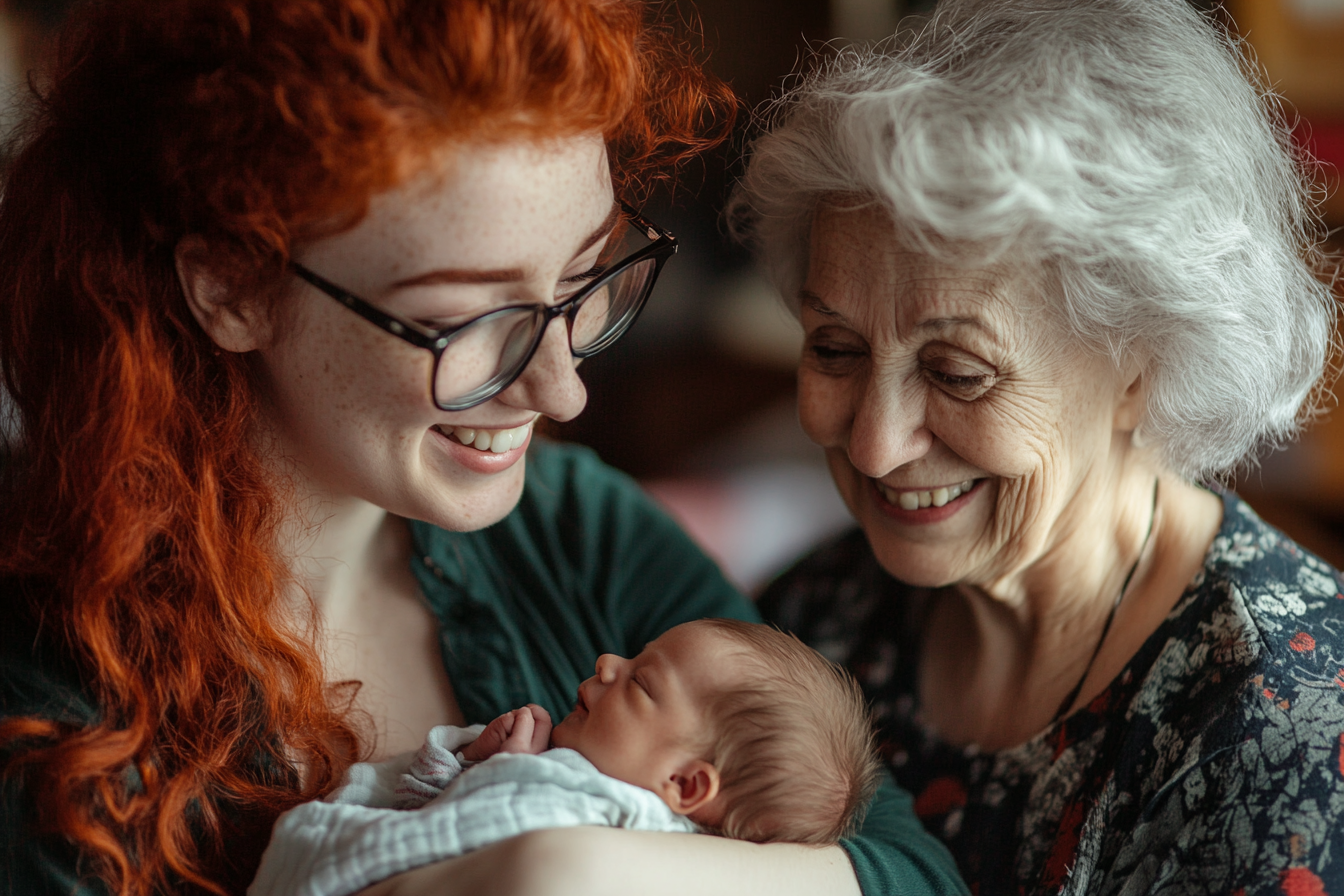 Two women admiring a newborn baby | Source: Midjourney