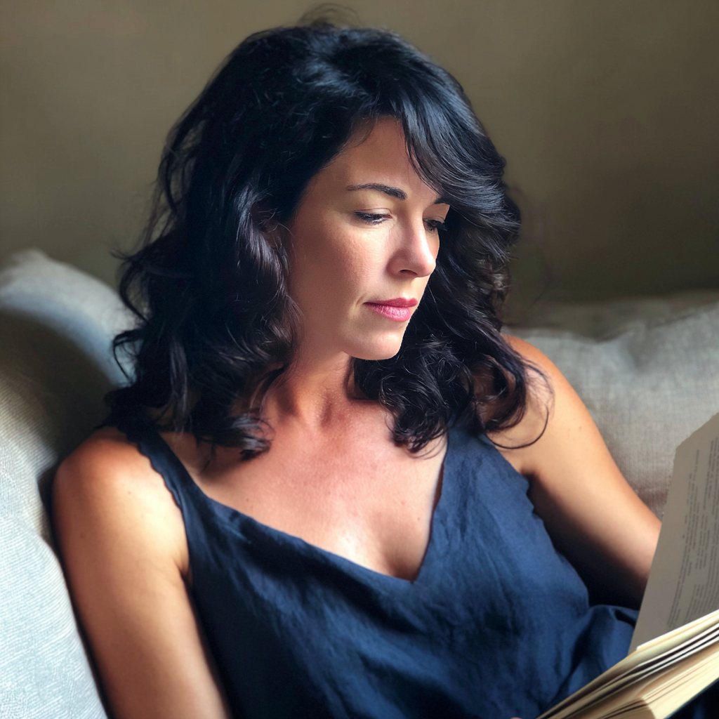 A woman in a navy dress reading a book | Source: Midjourney