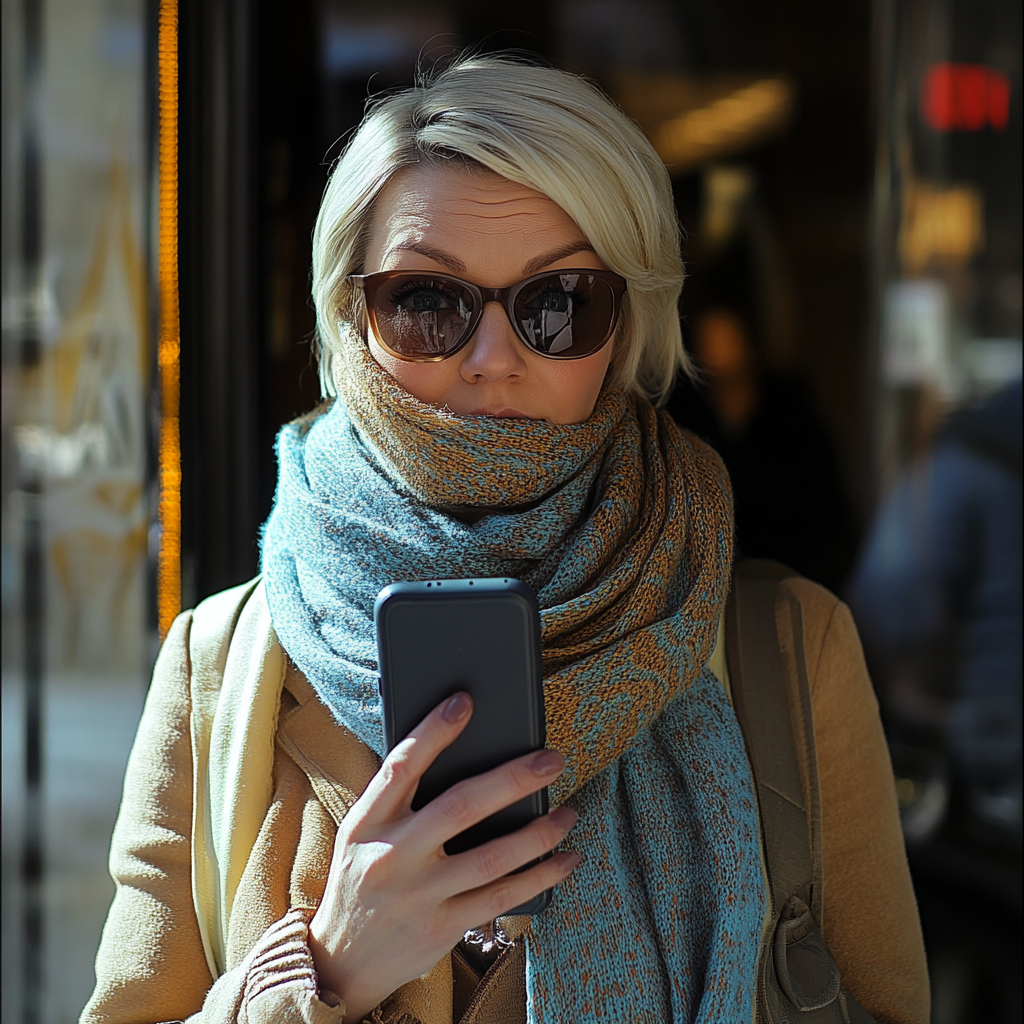 A stressed woman covered in a scarf while wearing large sunglasses, holding a phone | Source: Midjourney