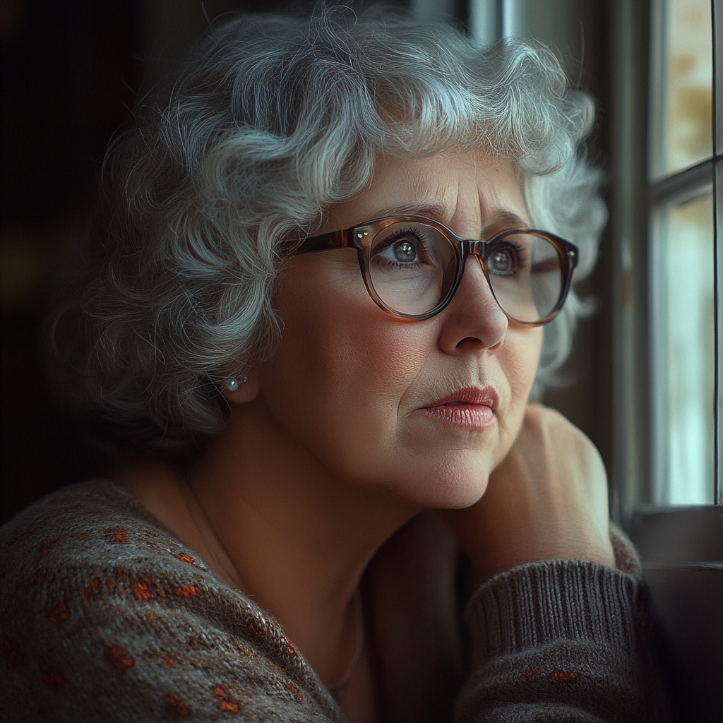 A sad older woman looking outside the window | Source: Midjourney