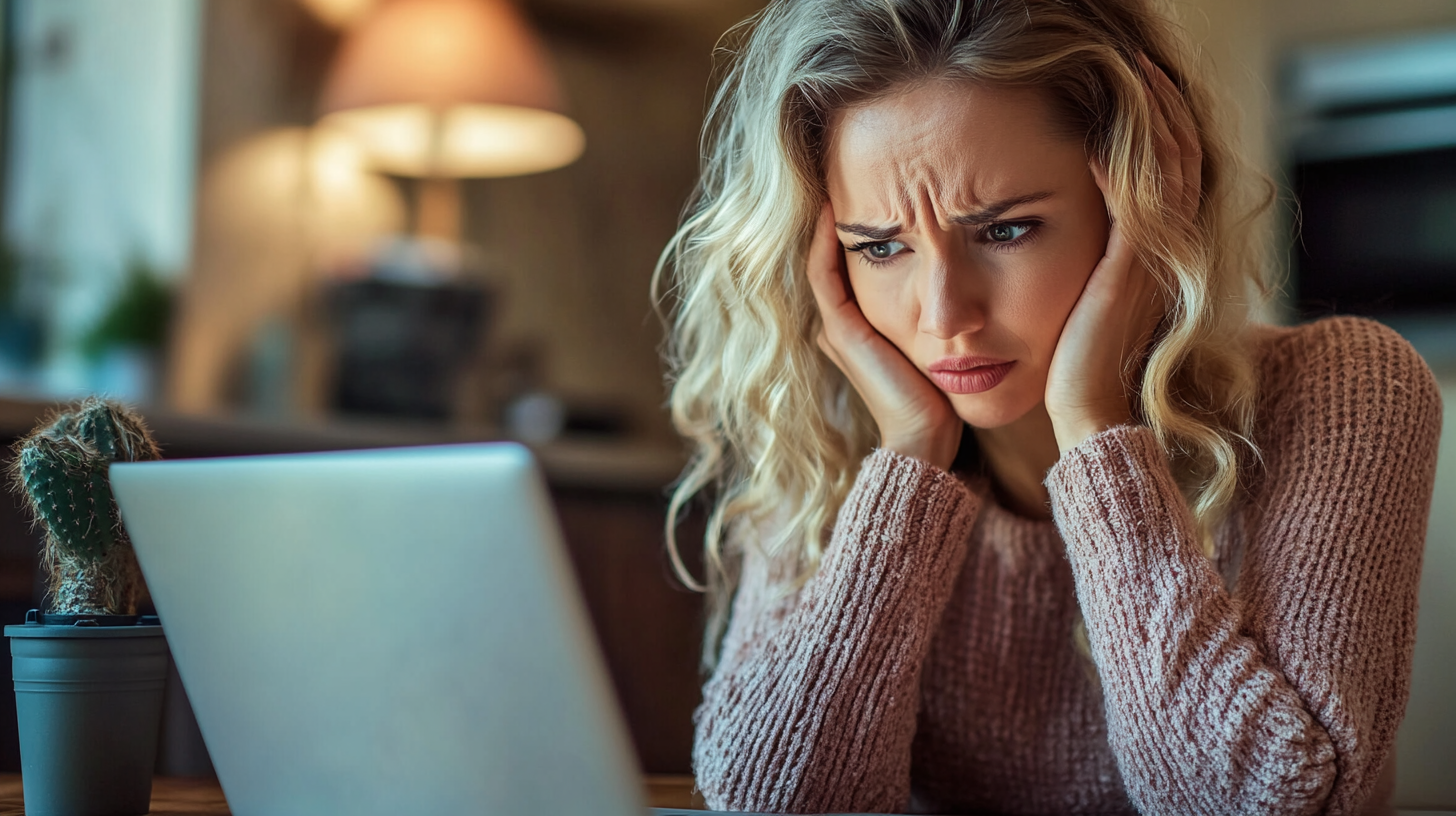 A woman upset in front of a laptop | Source: Midjourney