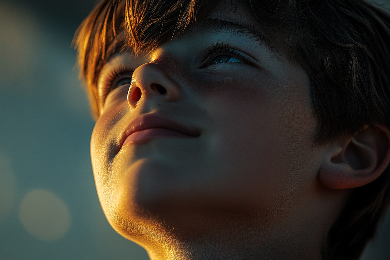 A smiling teenage boy looking up | Source: Midjourney