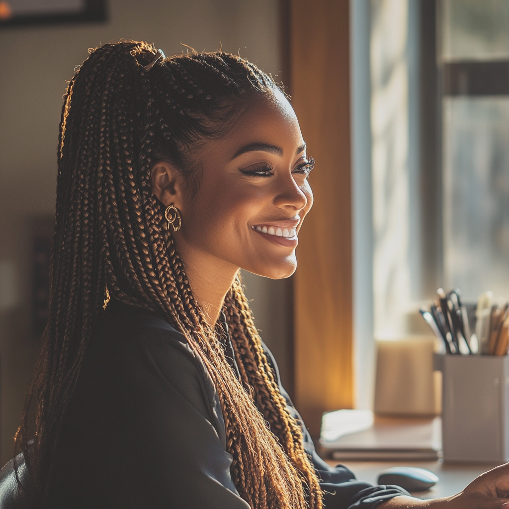 A smiling woman sitting at her desk | Source: Midjourney