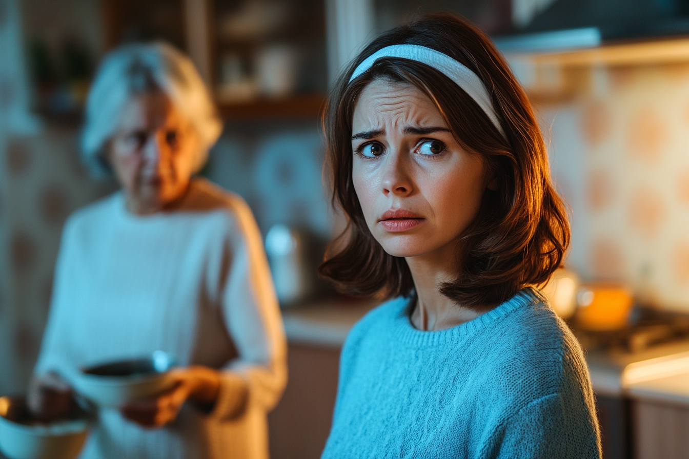 Woman in her 30s standing in a kitchen looking upset while an older woman in the background holds dishes | Source: Midjourney