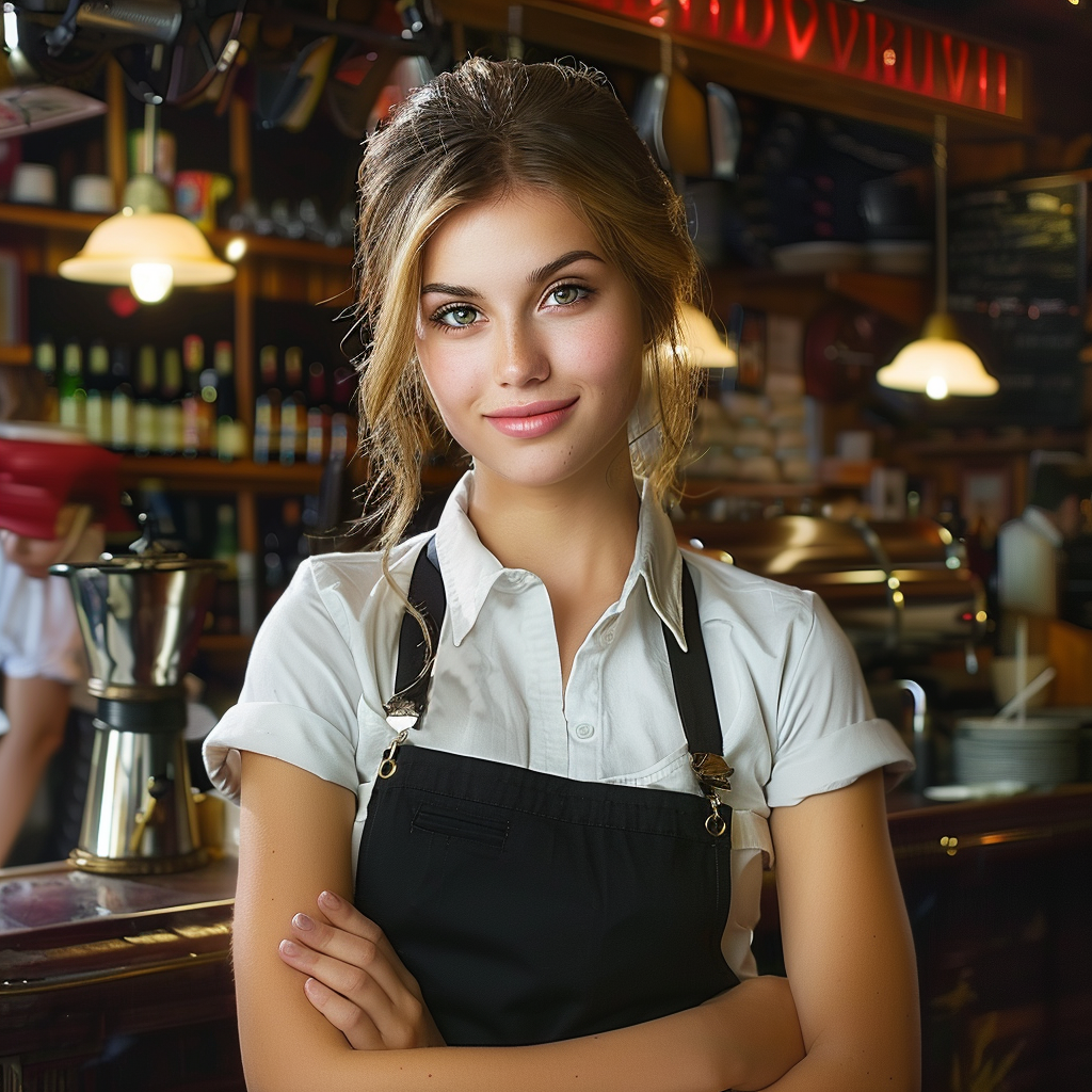 A waitress going about her usual workday with a warm smile at an elite restaurant | Source: Midjourney