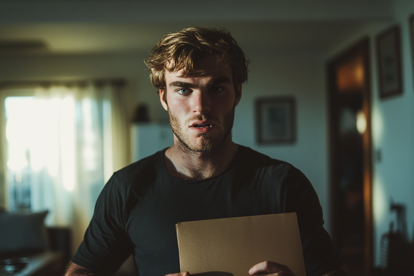 A man holding a manila envelope, looking angry | Source: Midjourney