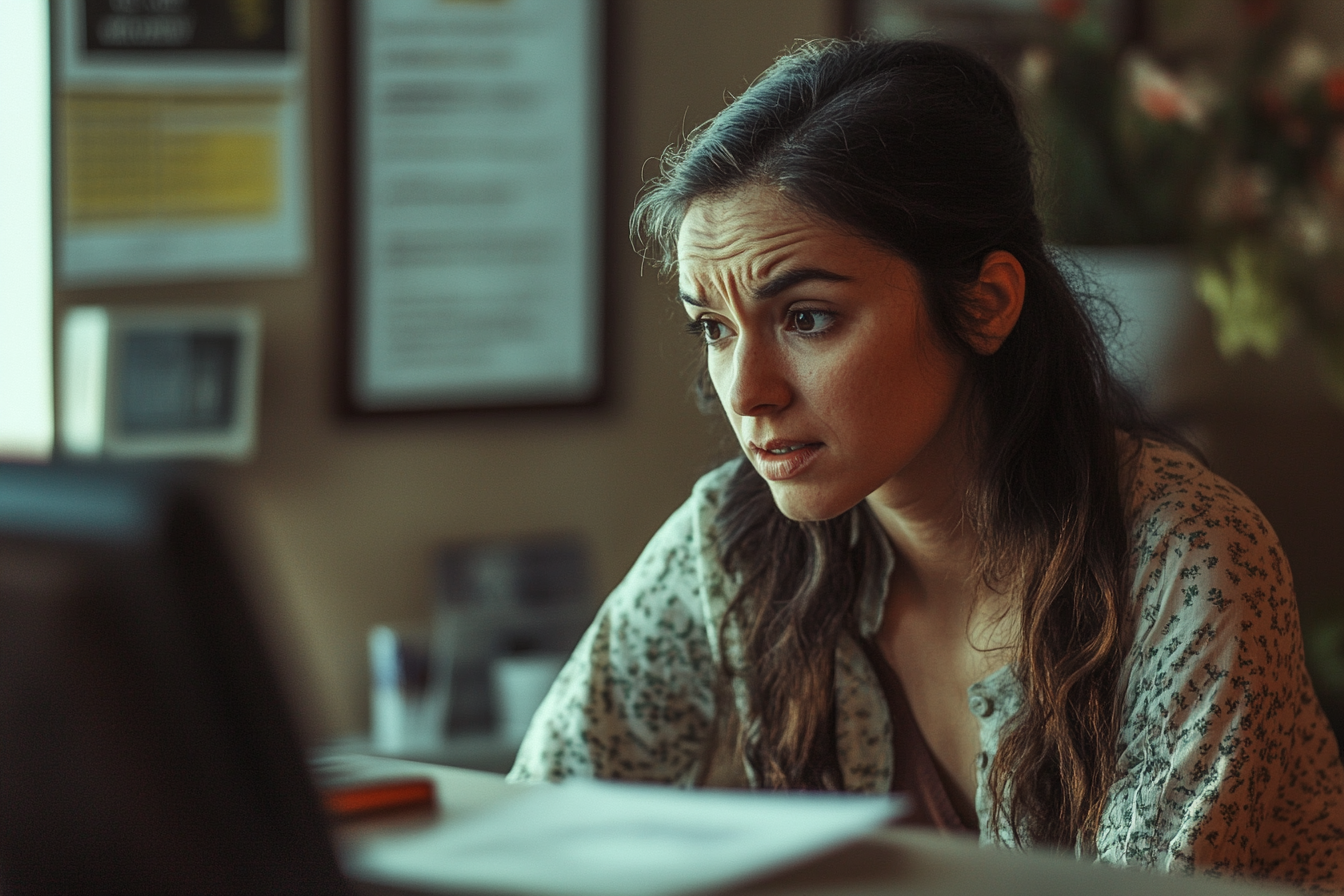 A distressed woman anxiously speaking to the hospital receptionist | Source: Midjourney