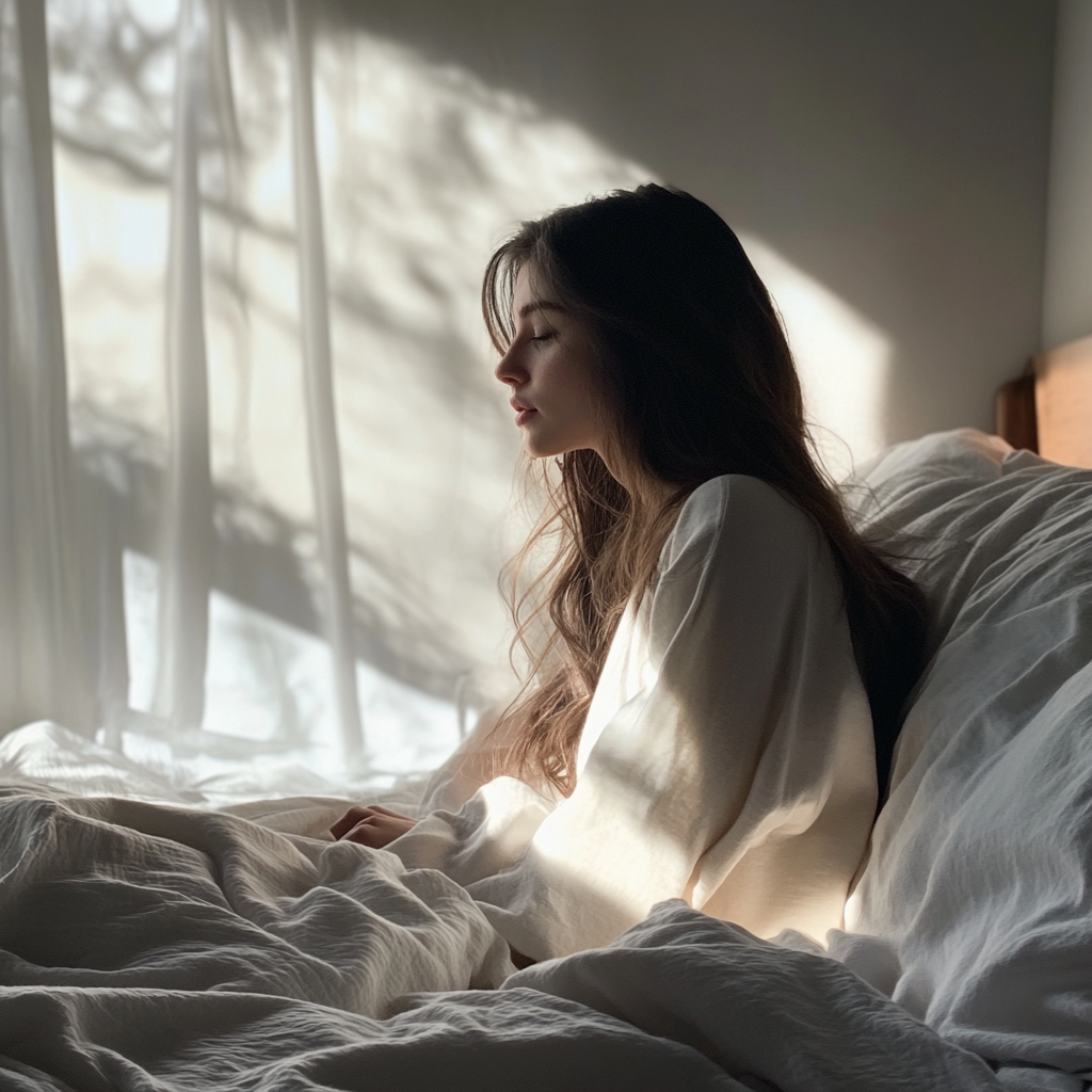 Woman seated in her bed | Source: Midjourney