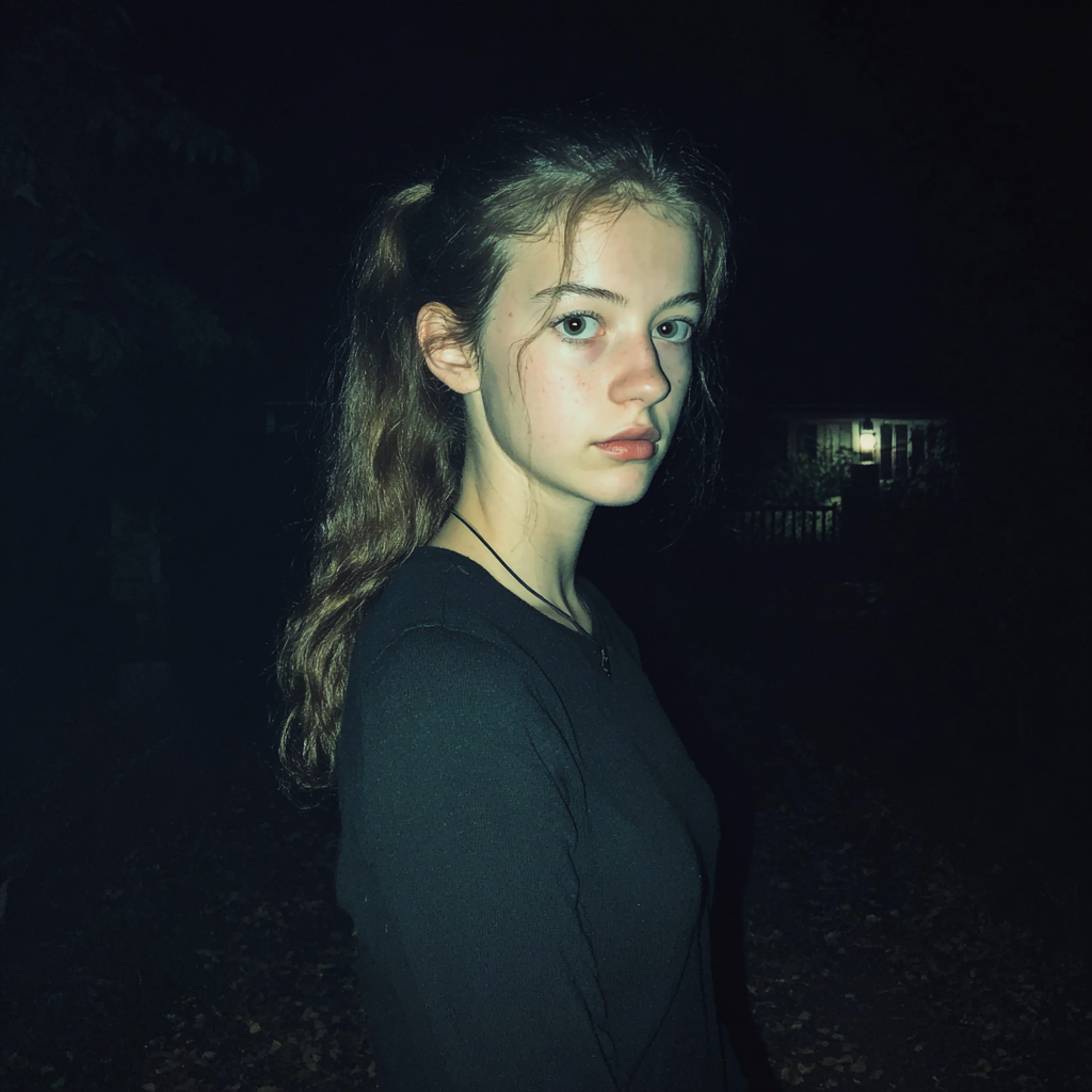 A teenage girl standing outside at night | Source: Midjourney