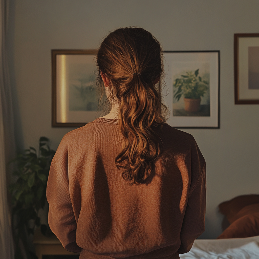 Vue arrière d'une femme debout dans une chambre | Source : Midjourney