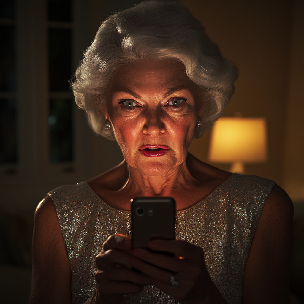 A stunned older woman holding a phone | Source: Midjourney