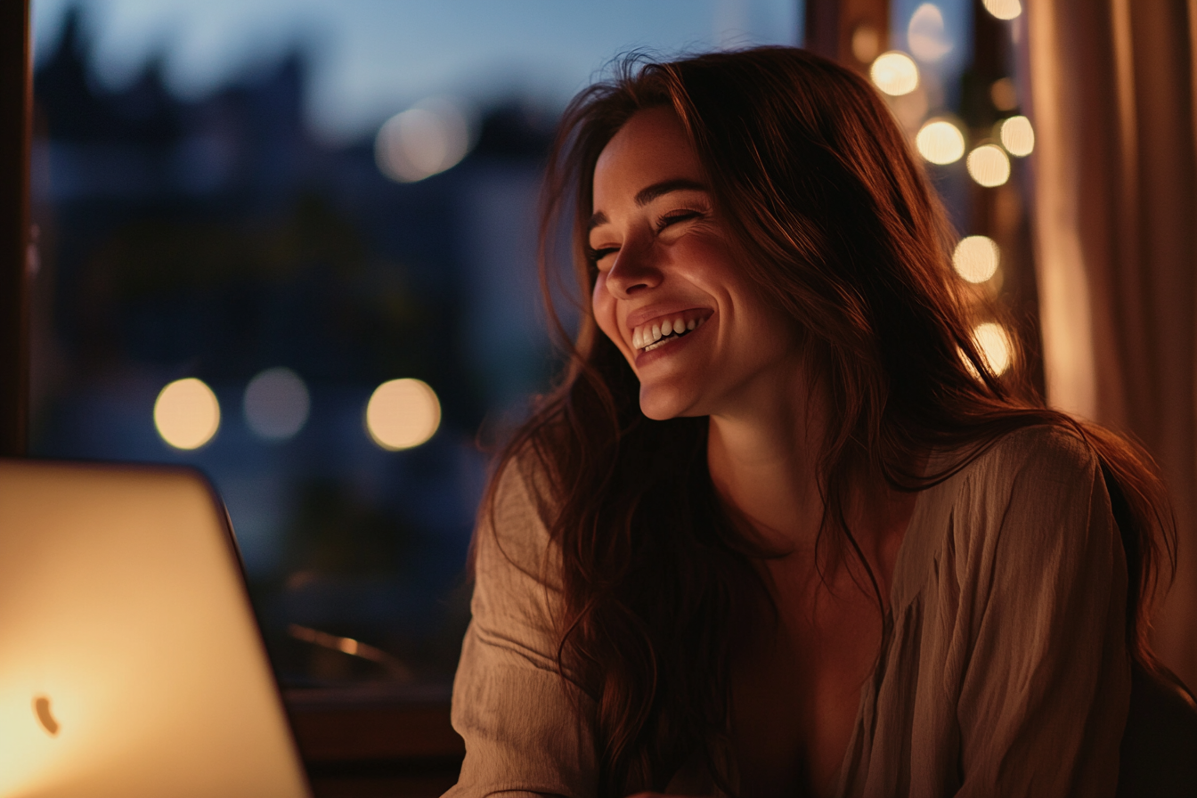 A woman laughing while using her laptop | Source: Midjourney