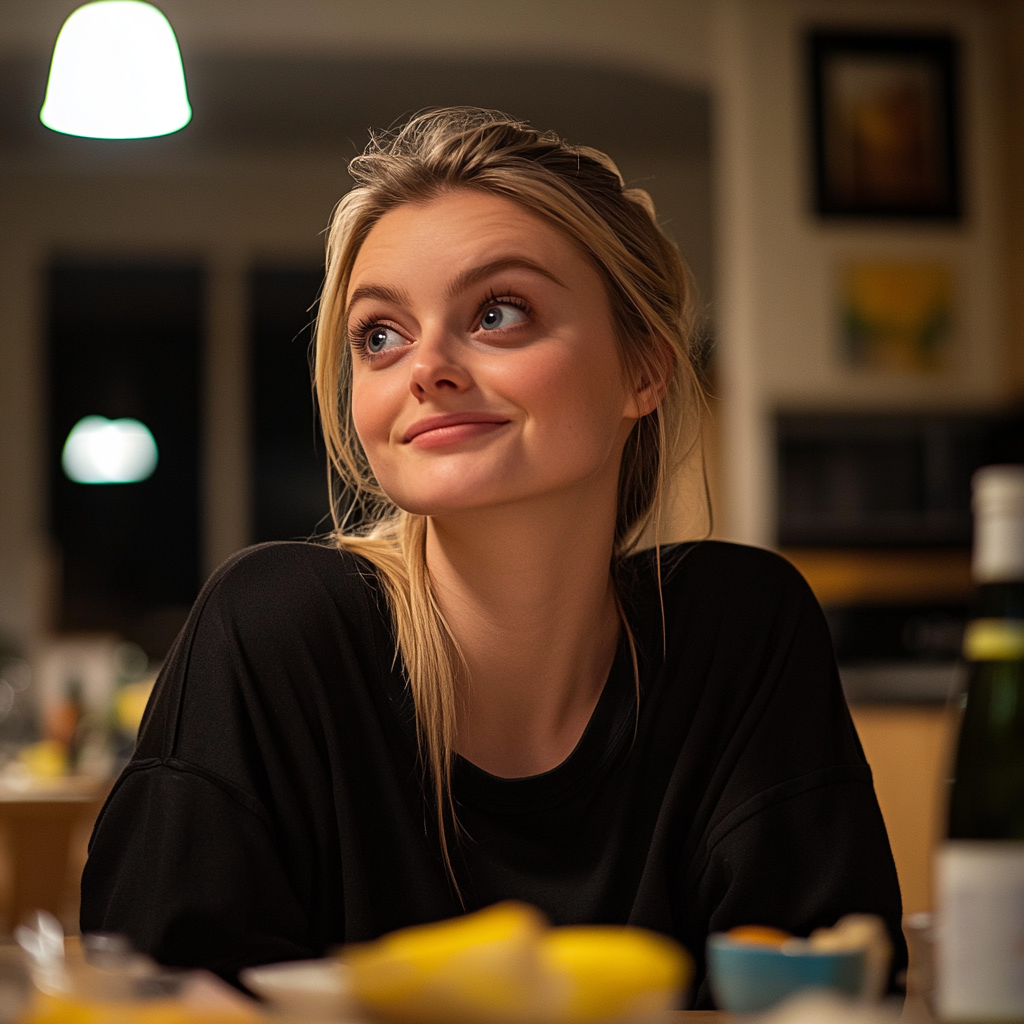 A woman forces a smile while looking at someone | Source: Midjourney