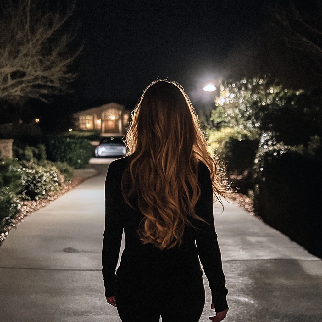 A woman walking down a driveway | Source: Midjourney