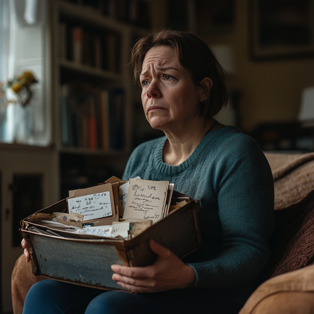 A serious woman holding a box with letters ⏐ Source: Midjourney