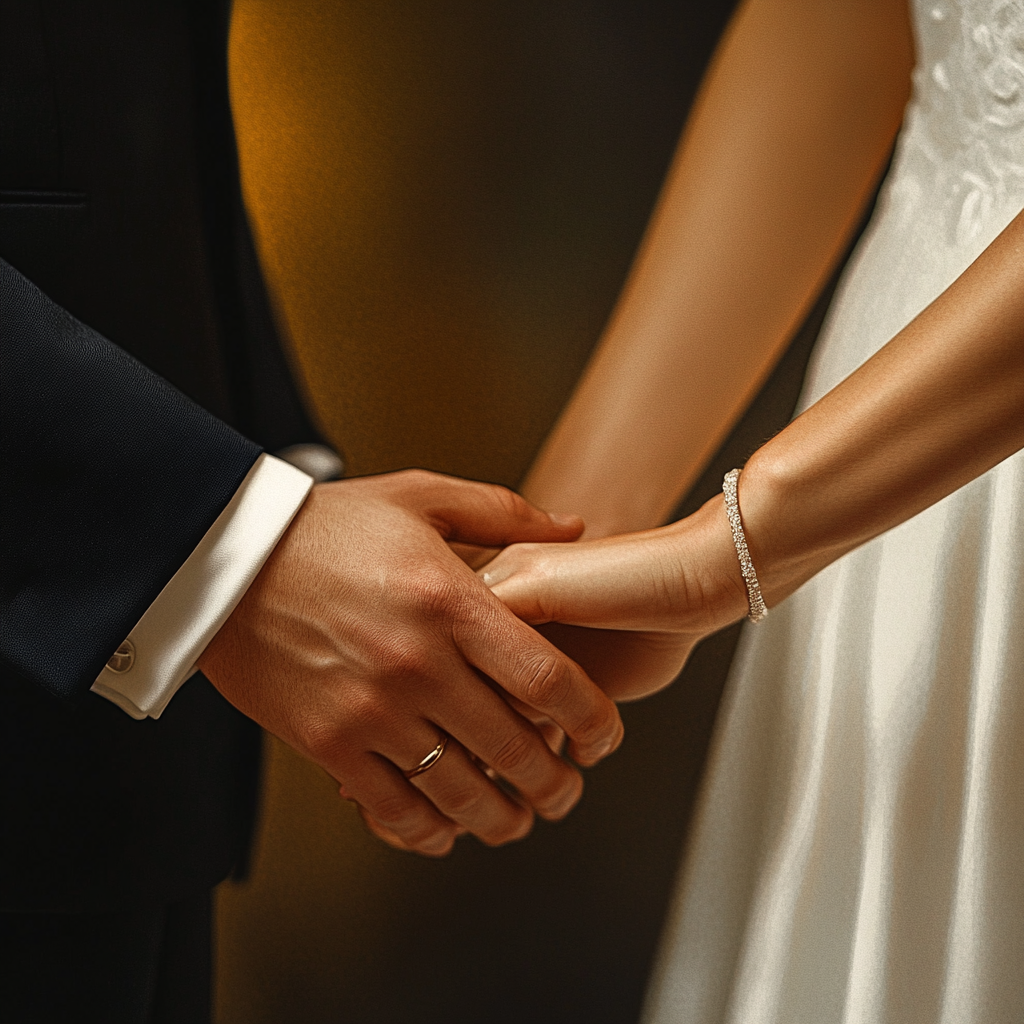 A groom holding the bride's hands | Source: Midjourney