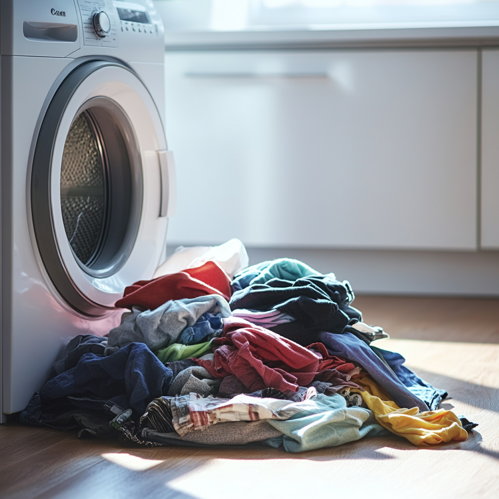 A pile of clothes by a washing machine | Source: Midjourney