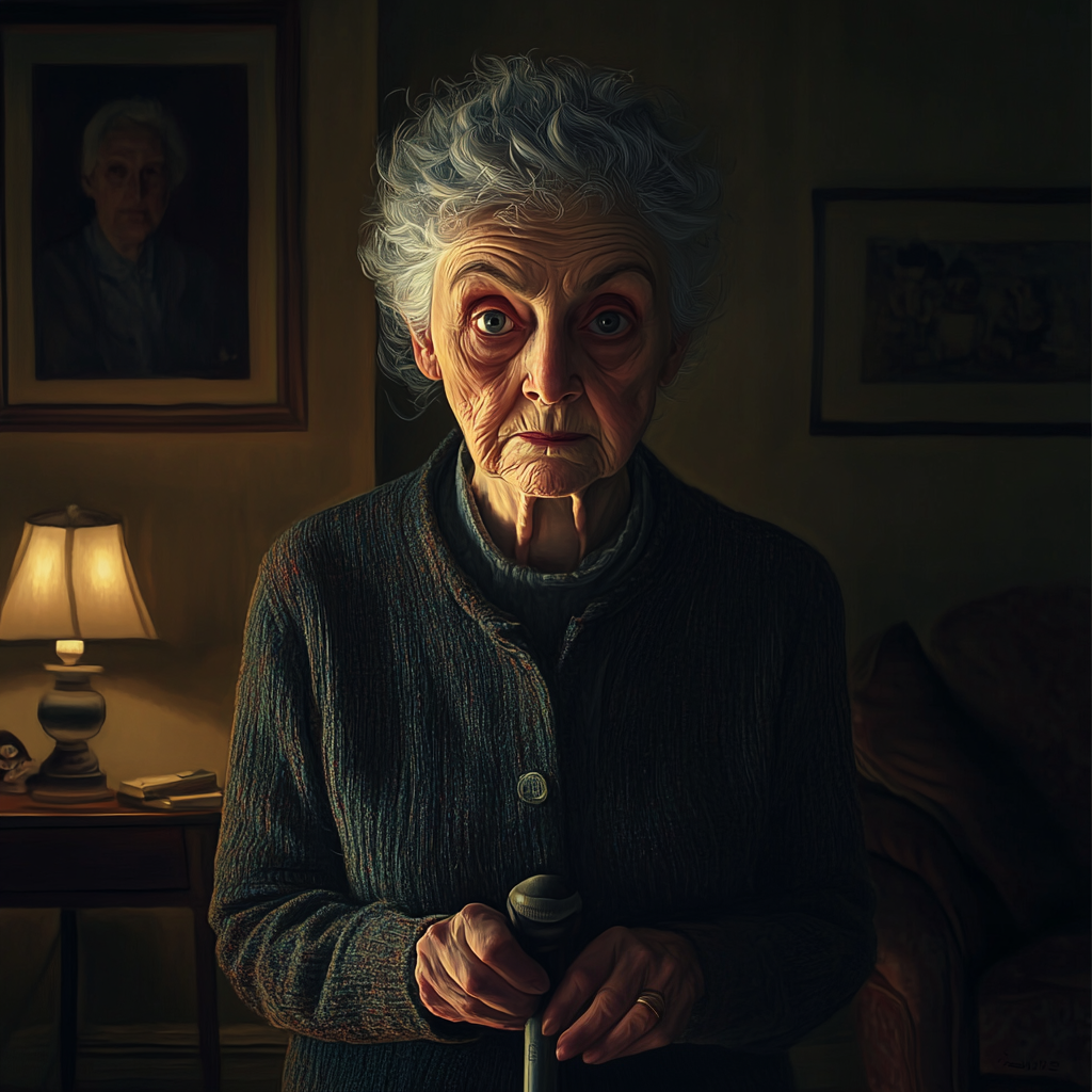 A sad older woman holding a walking stick | Source: Midjourney