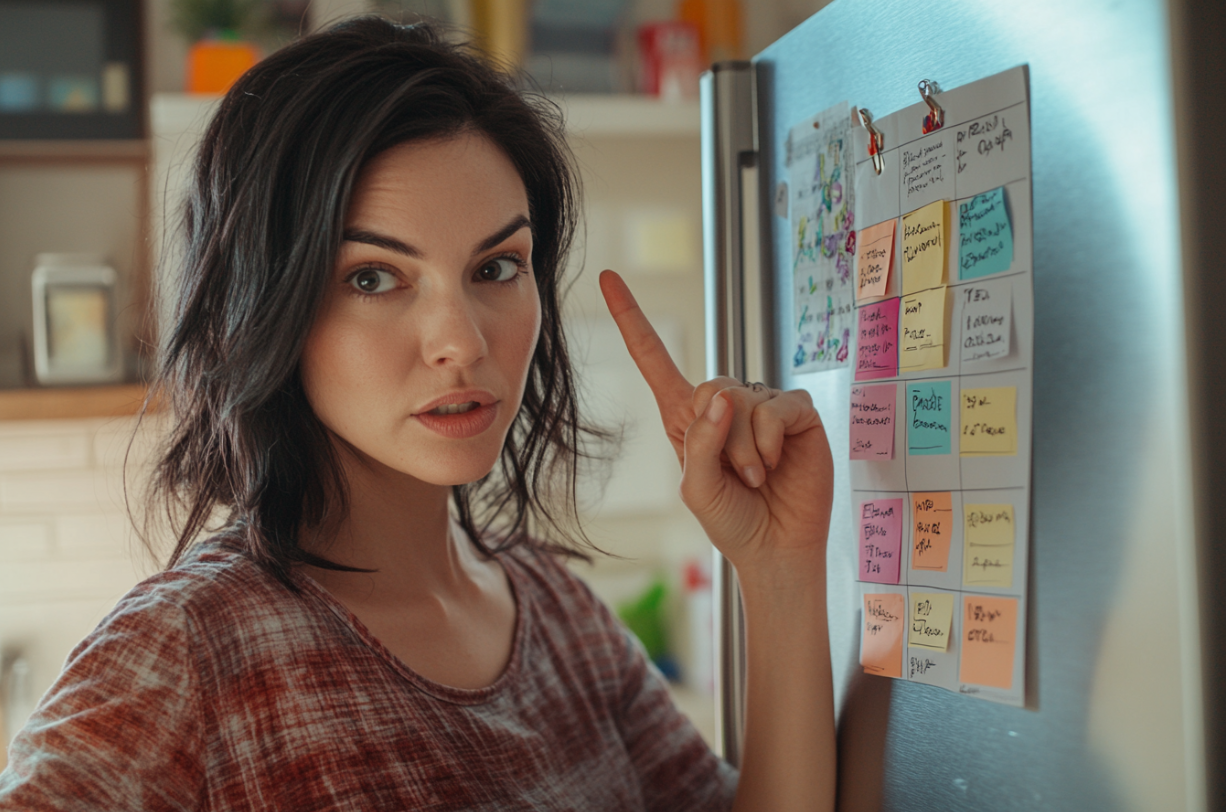 A woman gesturing to a chore chart | Source: Midjourney