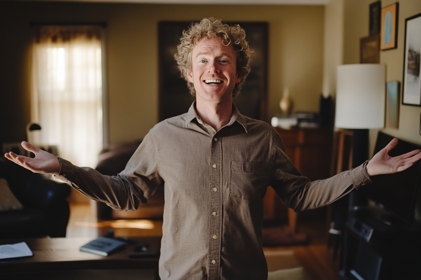 Man in his early 40s shrugging and smiling in the living room | Source: Midjourney