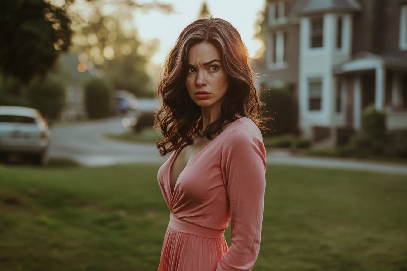 A woman standing on a lawn looking angry | Source: Midjourney