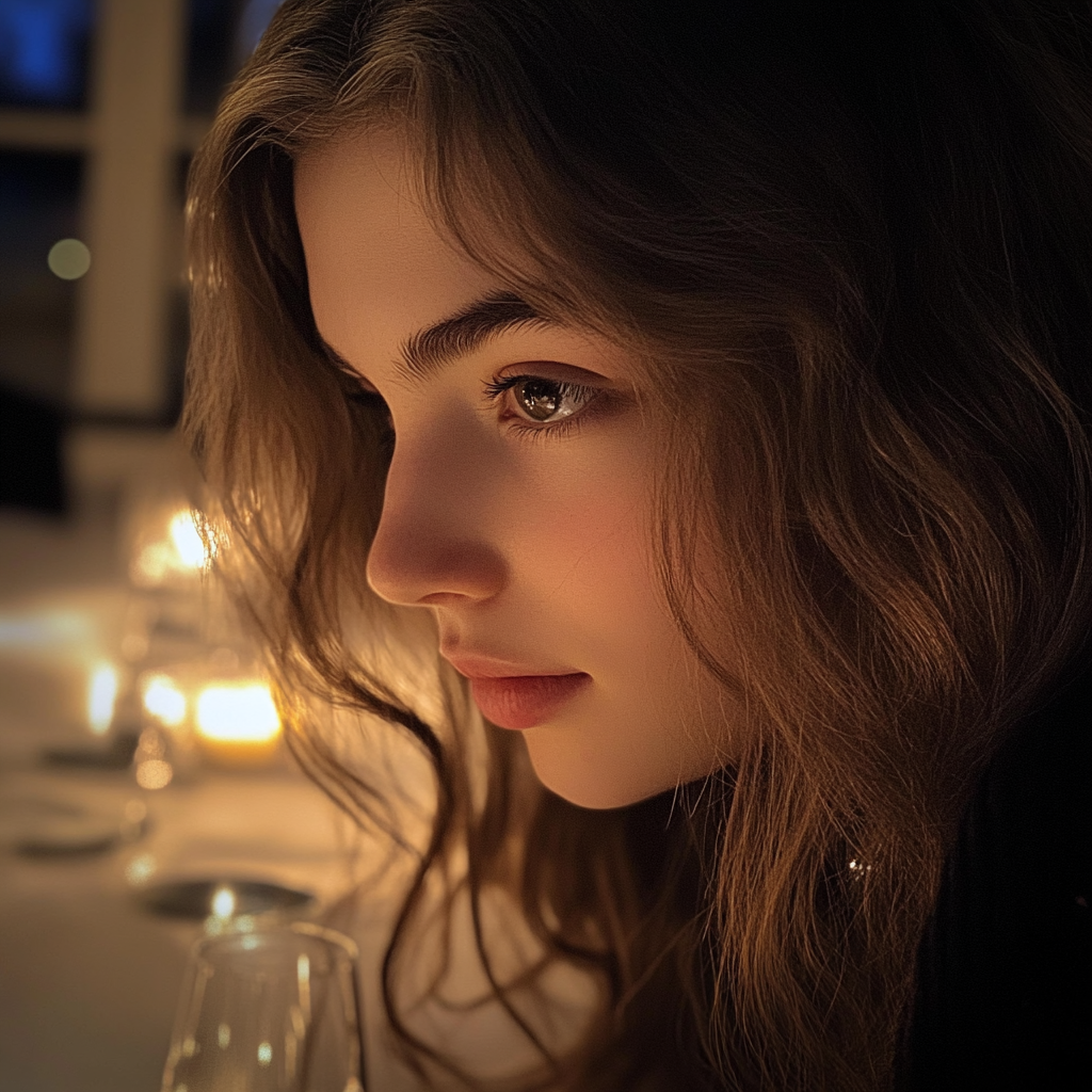 A girl sitting at a dinner table | Source: Midjourney