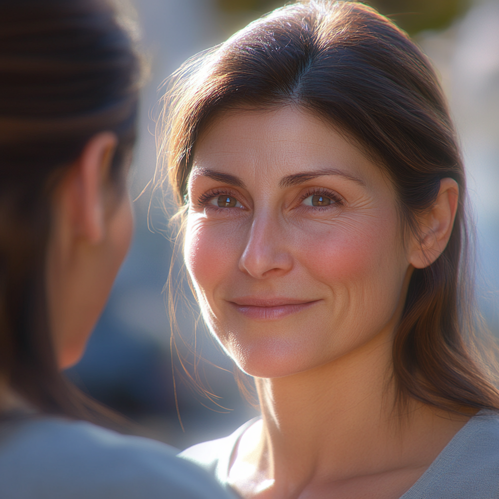 A woman smiling at her neighbor | Source: Midjourney