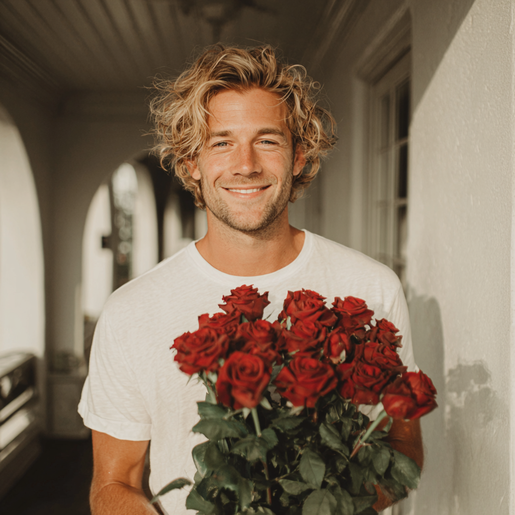 A smiling man holding a bouquet of roses | Source: Midjourney