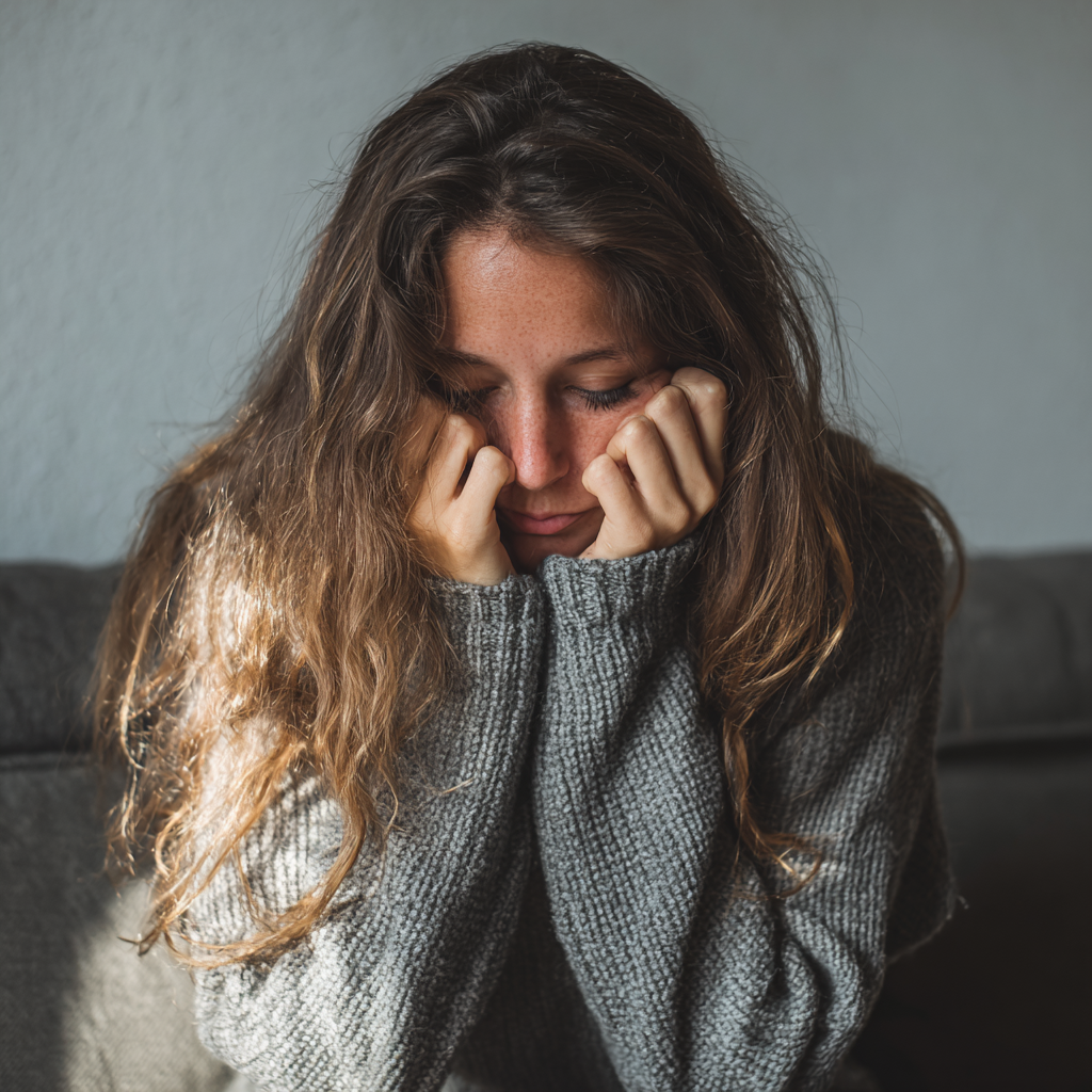A woman sitting on a couch and holding her head | Source: Midjourney