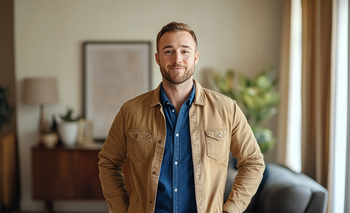 A smug man standing in a living room | Source: Midjourney