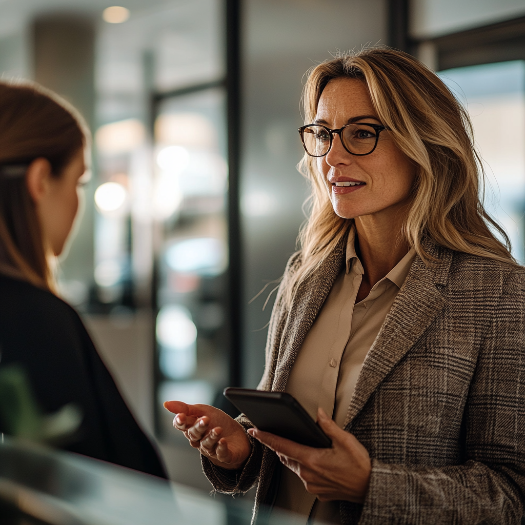 Woman talking to a receptionist | Source: Midjourney