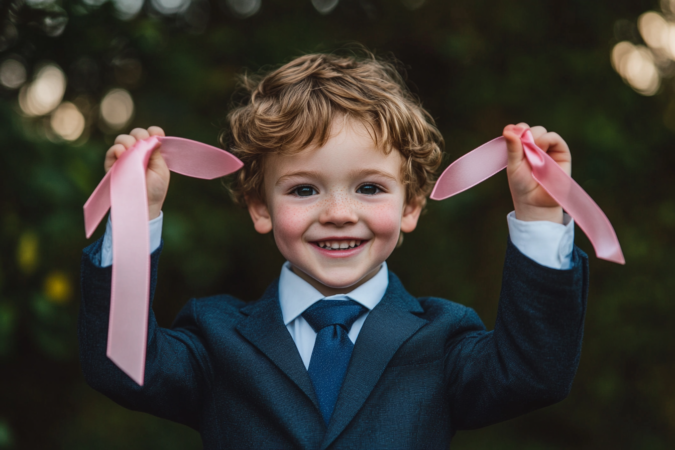 A boy holding two lengths of pink ribbon | Source: Midjourney