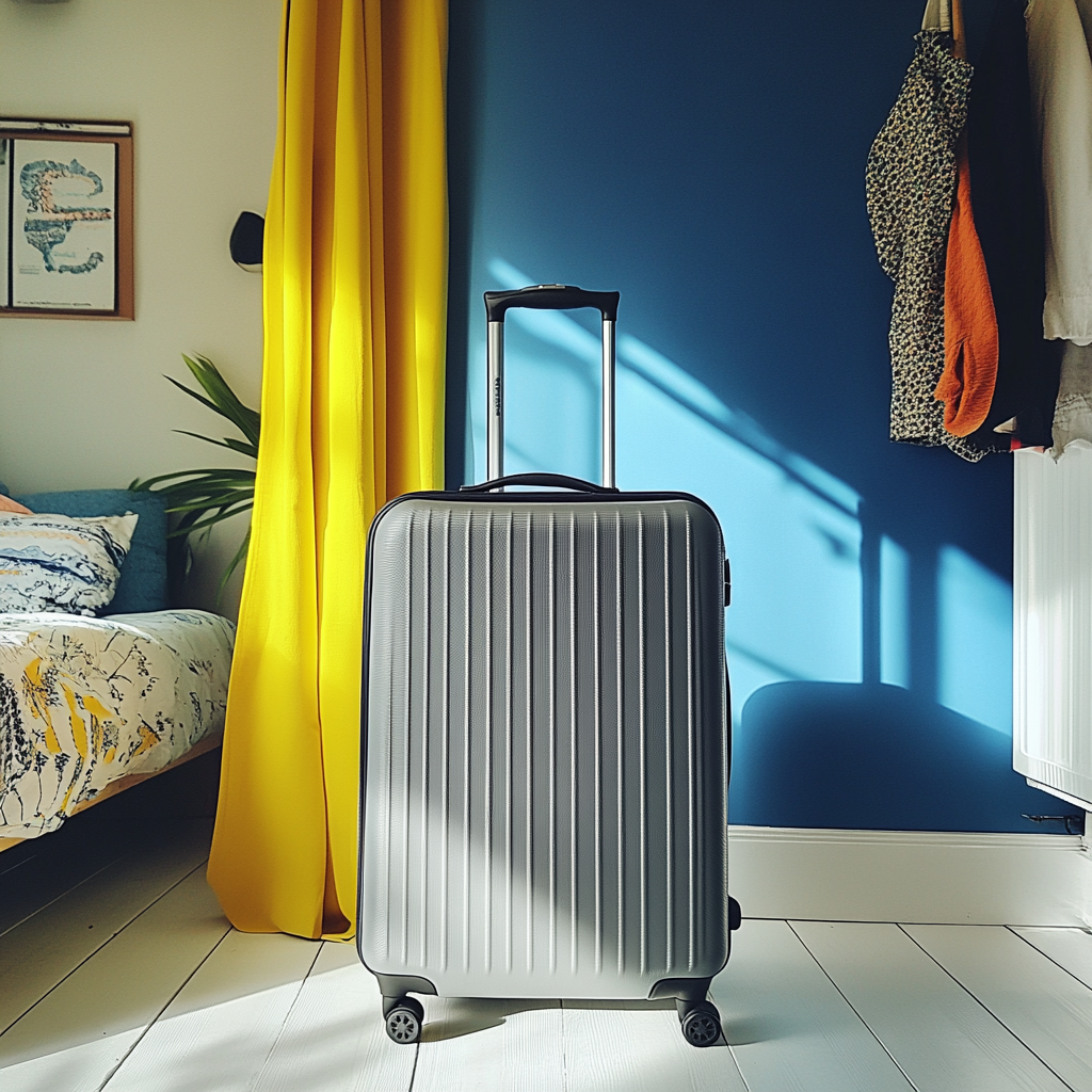 A gray suitcase in a bedroom | Source: Midjourney