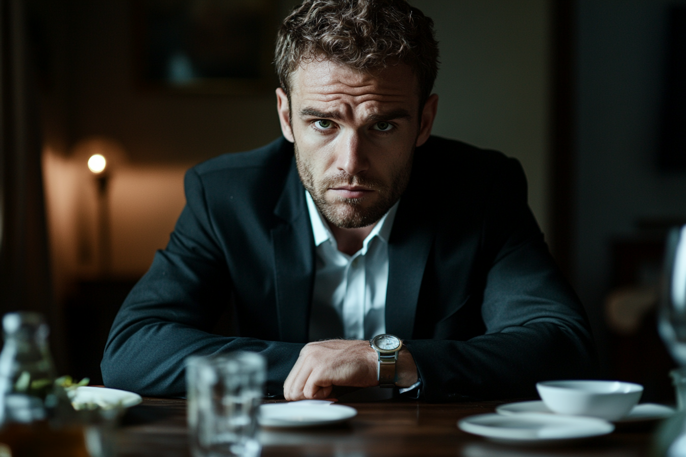 A frowning man seated at a dining table | Source: Midjourney