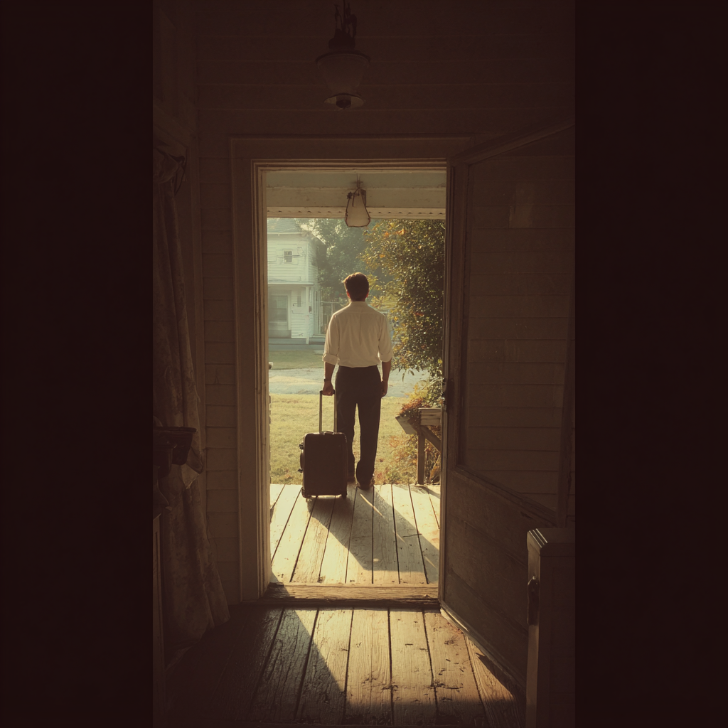A man walking out of a house with a suitcase | Source: Midjourney