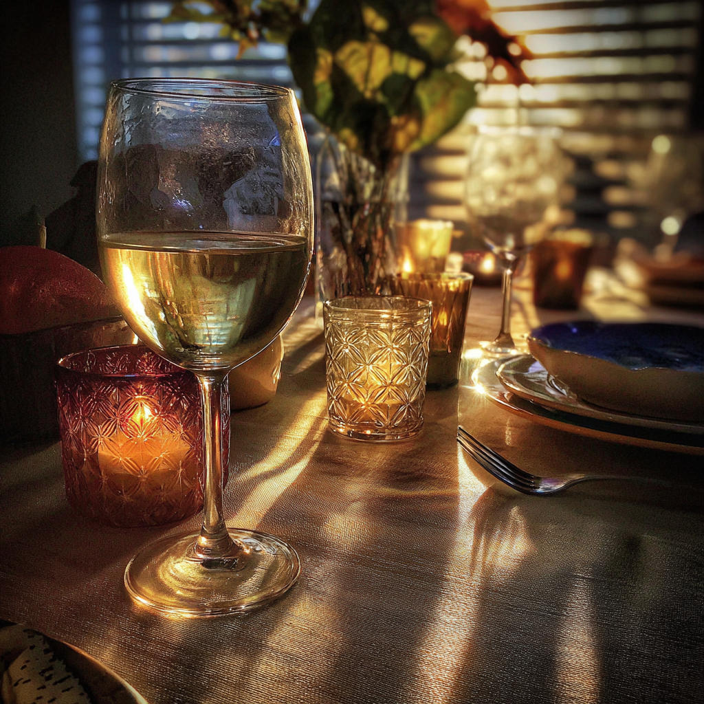A glass of wine on a table | Source: Midjourney
