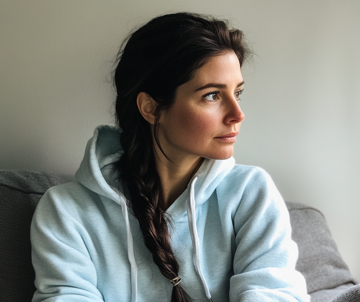 A tired woman in a hoodie sitting on a couch | Source: Midjourney