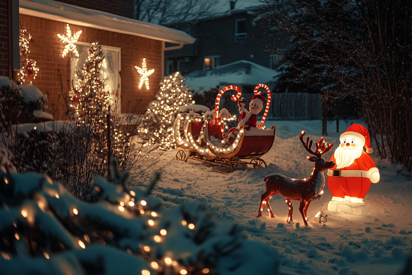 Christmas decorations in a snowy yard | Source: Midjourney