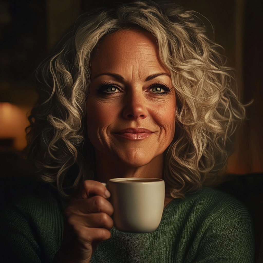 Una mujer mayor sonriente sosteniendo una taza de café | Fuente: Midjourney