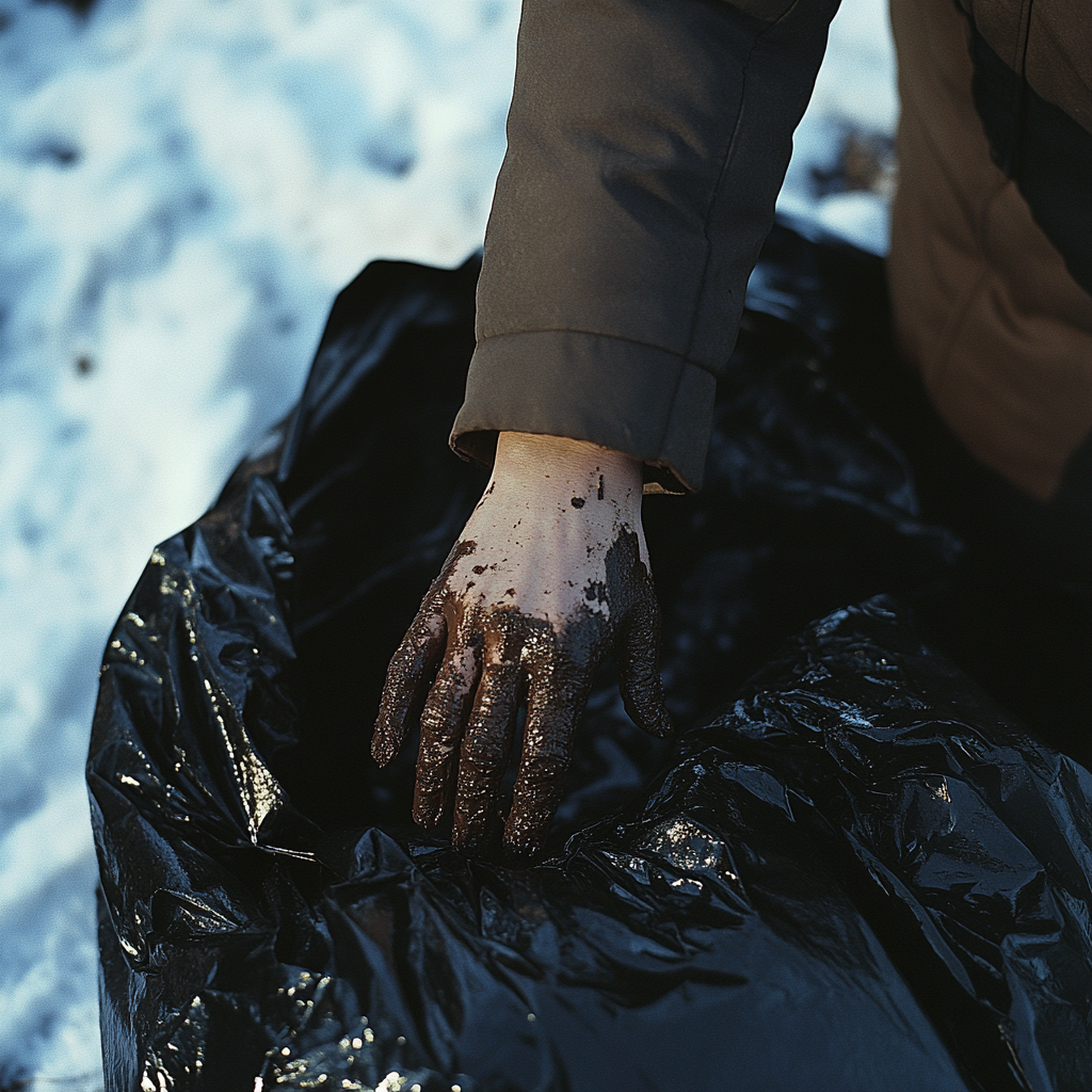 A woman sifting through a garbage bag | Source: Midjourney