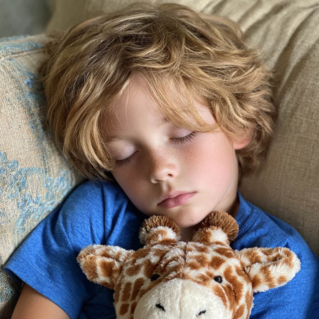 A sleeping little boy with a stuffed giraffe | Source: Midjourney