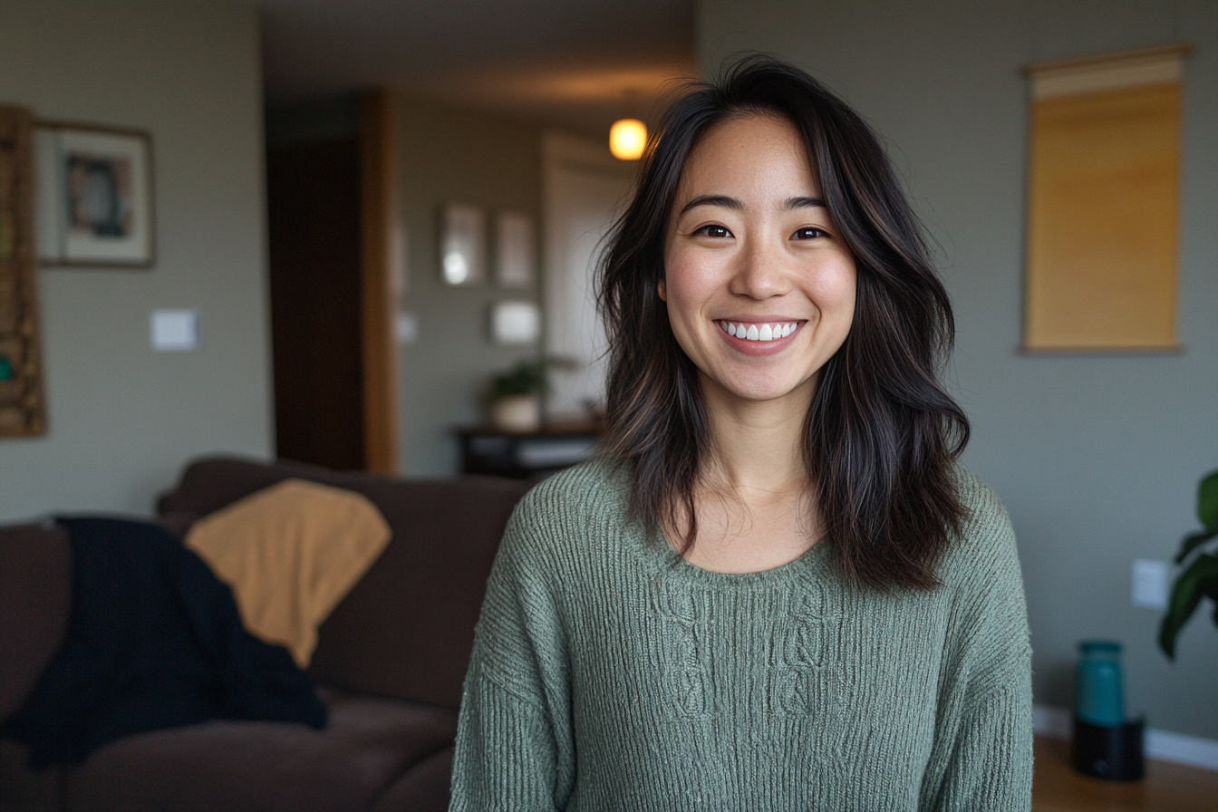A smiling woman in a living room | Source: Midjourney