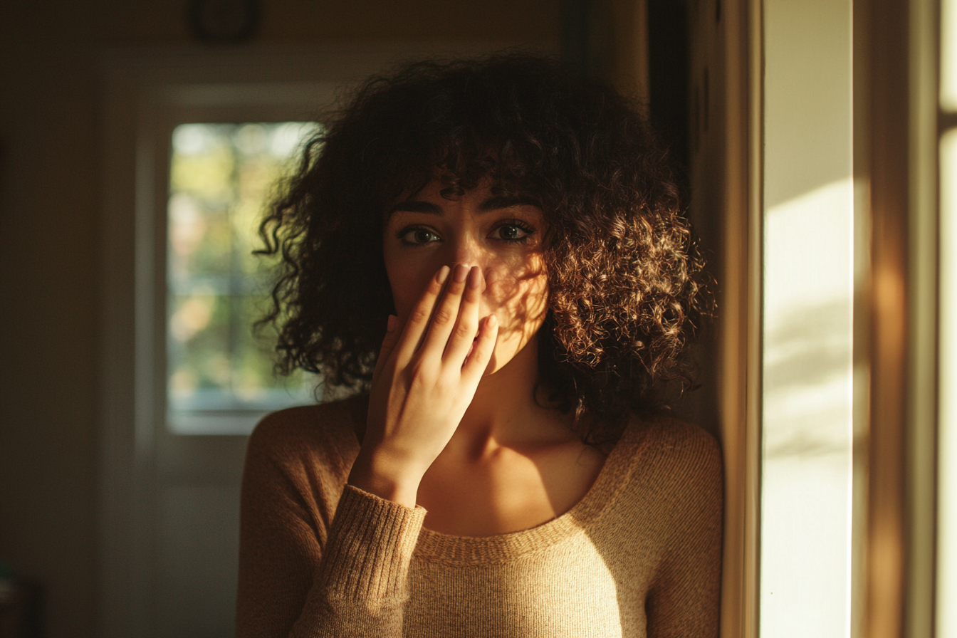 A woman standing in a hallway with one hand over her mouth | Source: Midjourney